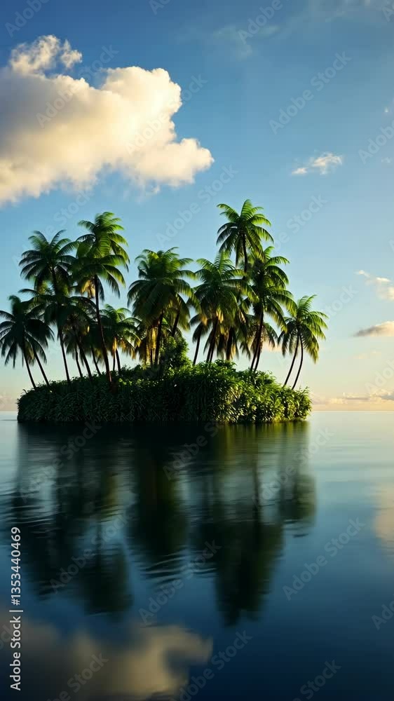 Serene tropical island with palm trees and calm water under a clear sky at sunset Serene tropical island with palm trees and calm water under a clear sky at sunset