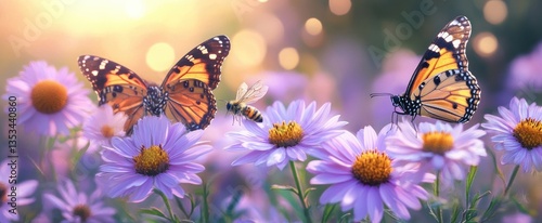 Wallpaper Mural biodiversity in a meadow with butterflies bees and purple daisies under soft natural light Torontodigital.ca