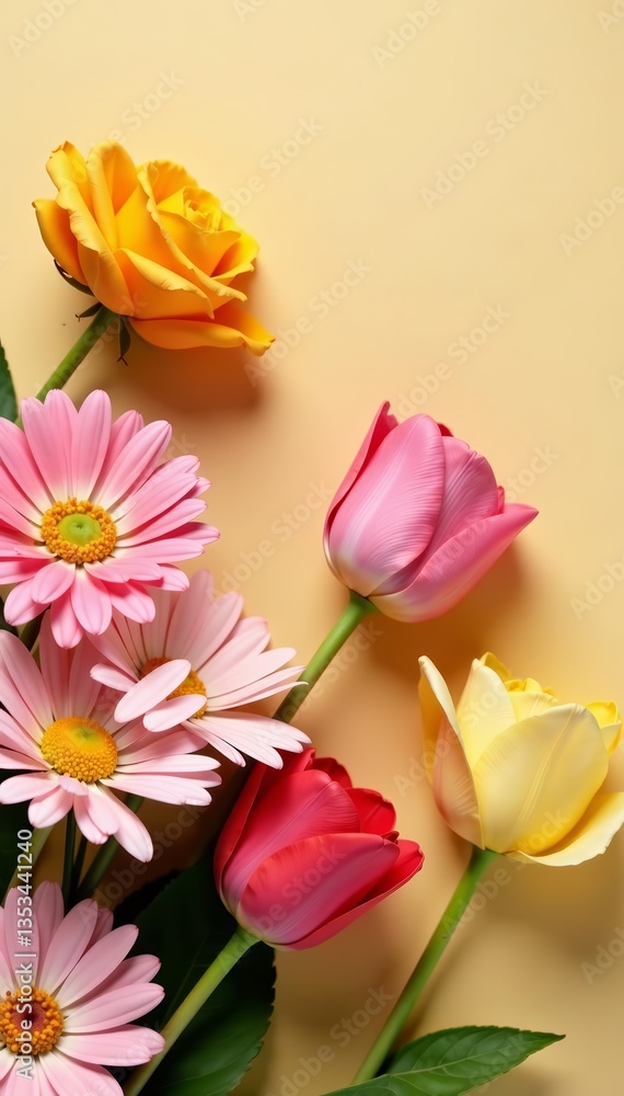 Obraz premium Vibrant assortment of flowers including daisies, roses, and tulips on neutral beige backdrop, vibrant, botanical, bouquet