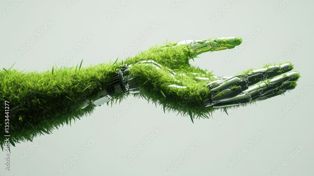 Naklejka premium A futuristic robotic hand covered in vibrant green grass reaching out against a minimalist white background