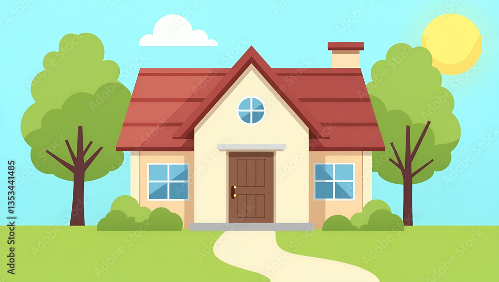 Modern House Front Exterior with Sunshade Facade: A Cute Vector Illustration Showcasing Innovative Architectural Design and Effective Shading Features Modern House Front Exterior with Sunshade Facade: A Cute Vector Illustration Showcasing Innovative Architectural Design and Effective Shading Features
