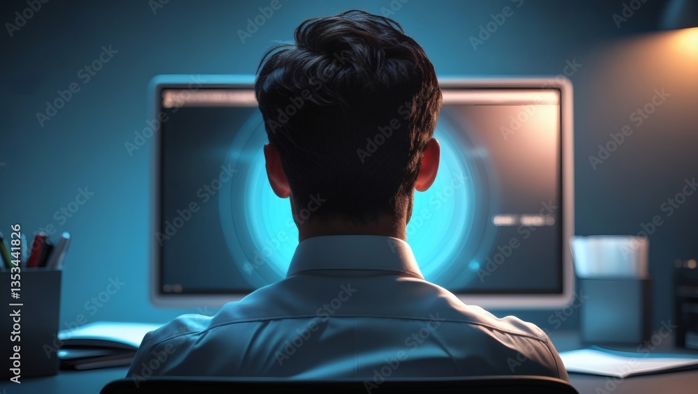 a man sitting in front of a computer with a focused gaze. A futuristic glow radiates from the screen, highlighting the man's workspace and showcasing advanced technology a man sitting in front of a computer with a focused gaze. A futuristic glow radiates from the screen, highlighting the man's workspace and showcasing advanced technology