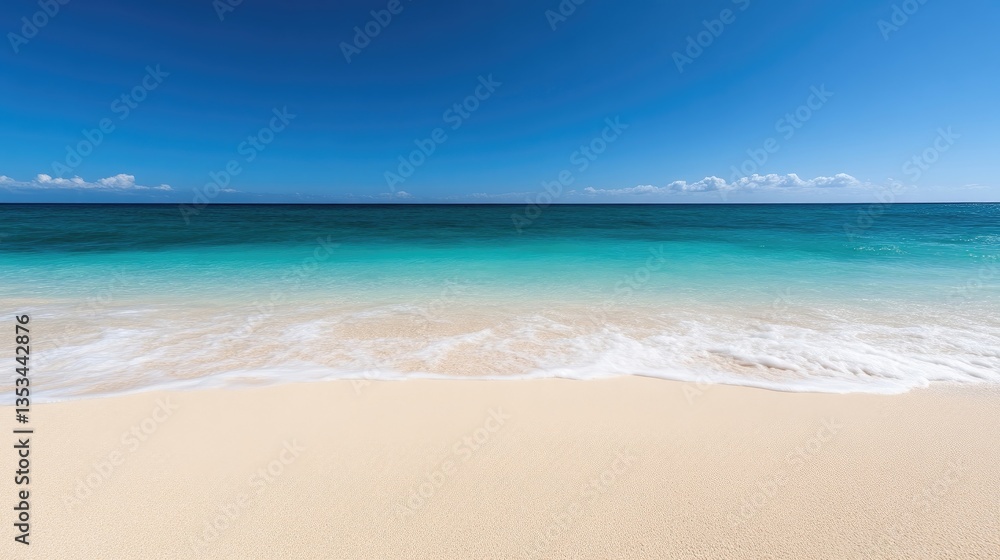 Fototapeta premium Pristine beach scene with turquoise ocean and a clear blue sky. Soft waves gently caress the golden sand