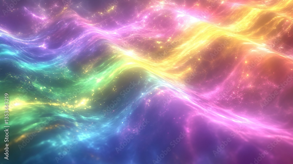Fototapeta premium Mesmerizing aurora flare spectrum background with iridescent shimmering light, featuring neon waves of cyan, magenta, purple, and golden hues, creating a celestial and futuristic glow.