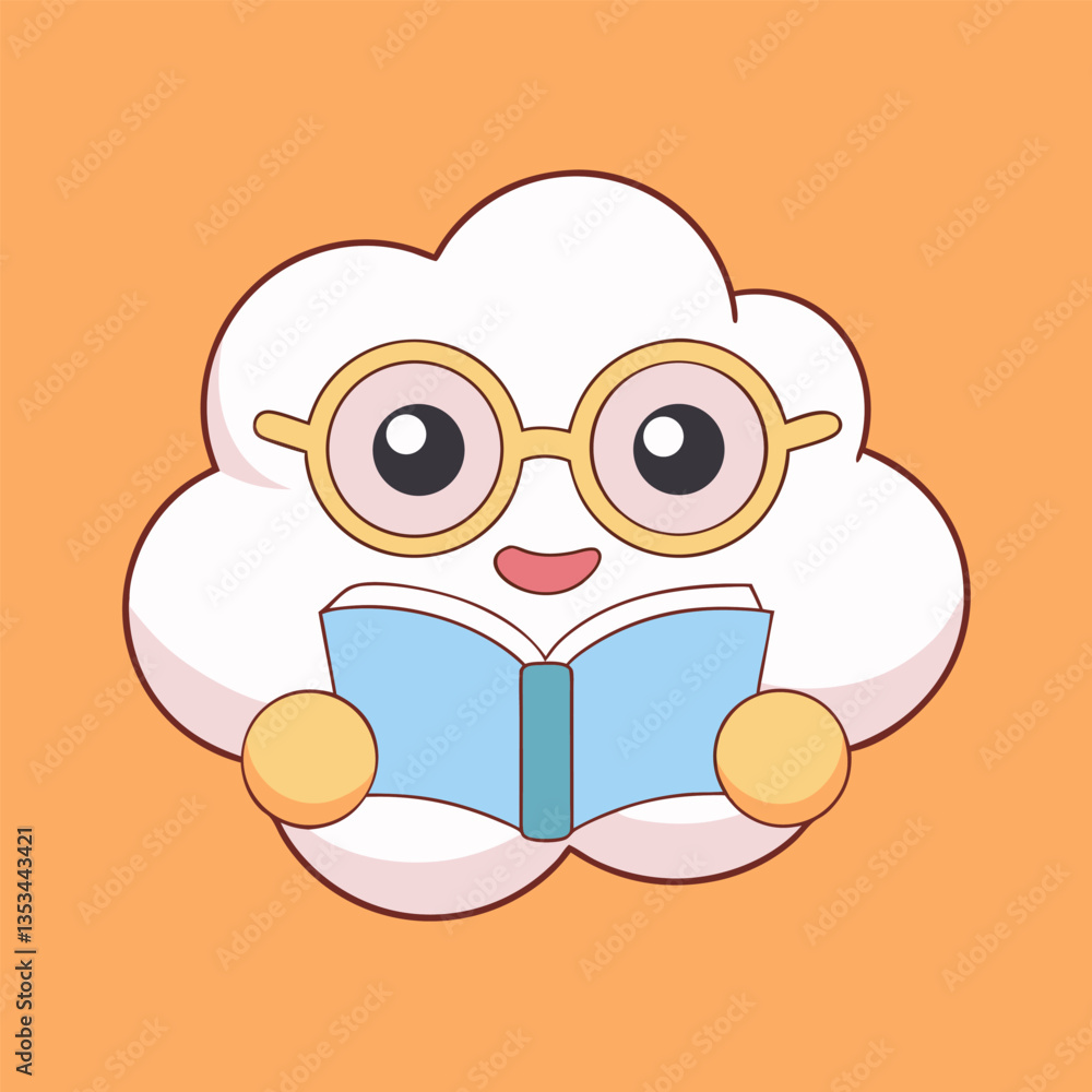 A cute cartoon owl illustration with a funny smile, reading a book, a vector icon of animal fun
