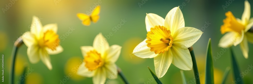 Close up of delicate daffodil blooms surrounded by fluttering butterflies, petals, pollination, insects Close up of delicate daffodil blooms surrounded by fluttering butterflies, petals, pollination, insects