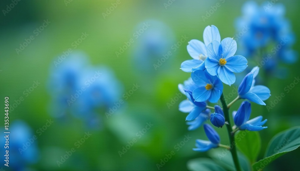 Close-up of delicate flax blue flowers blooming with green leaves, white background, flax