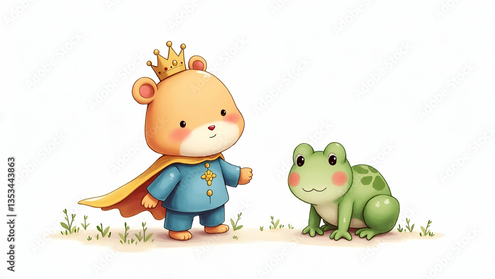 Fototapeta premium Hand Drawn Watercolor Illustration of a Flat Prince with Frog Friend - Perfect Nursery Art Clipart on White Background for Kids' Room Decor