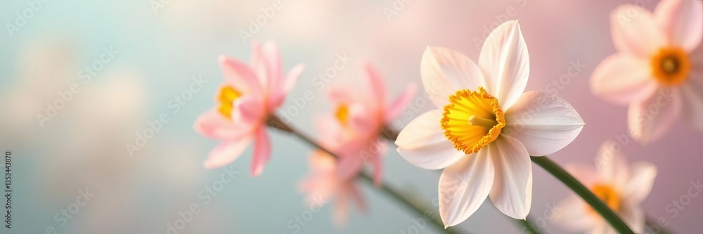 Close-up of delicate narcissus blossoms floating on pastel backdrop, flora, petals Close-up of delicate narcissus blossoms floating on pastel backdrop, flora, petals