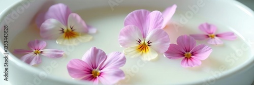 Close-up of delicate pansies gently floating in a white milk bath, serene and peaceful, milk, delicate