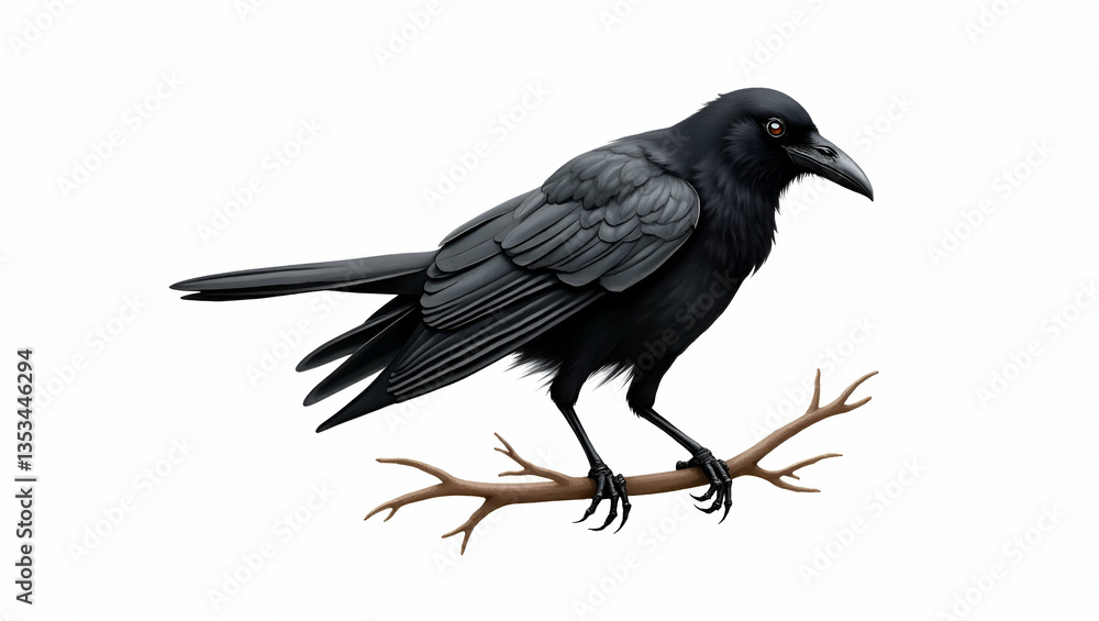 Fototapeta premium Flat Halloween raven clipart featuring spooky bird element in watercolor illustration with crisp details black raven perched on branch isolated on white background concept as Watercolor clipart of a b