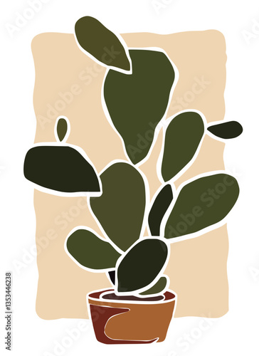 Cactus in pot drawing. Botanical flower framed minimal art print hand drawn leaves shapes matisse style, naive art, contemporary background.