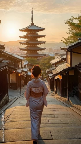 Woman in traditional kimono walks down historic street in Kyoto at sunset with pagoda in the background