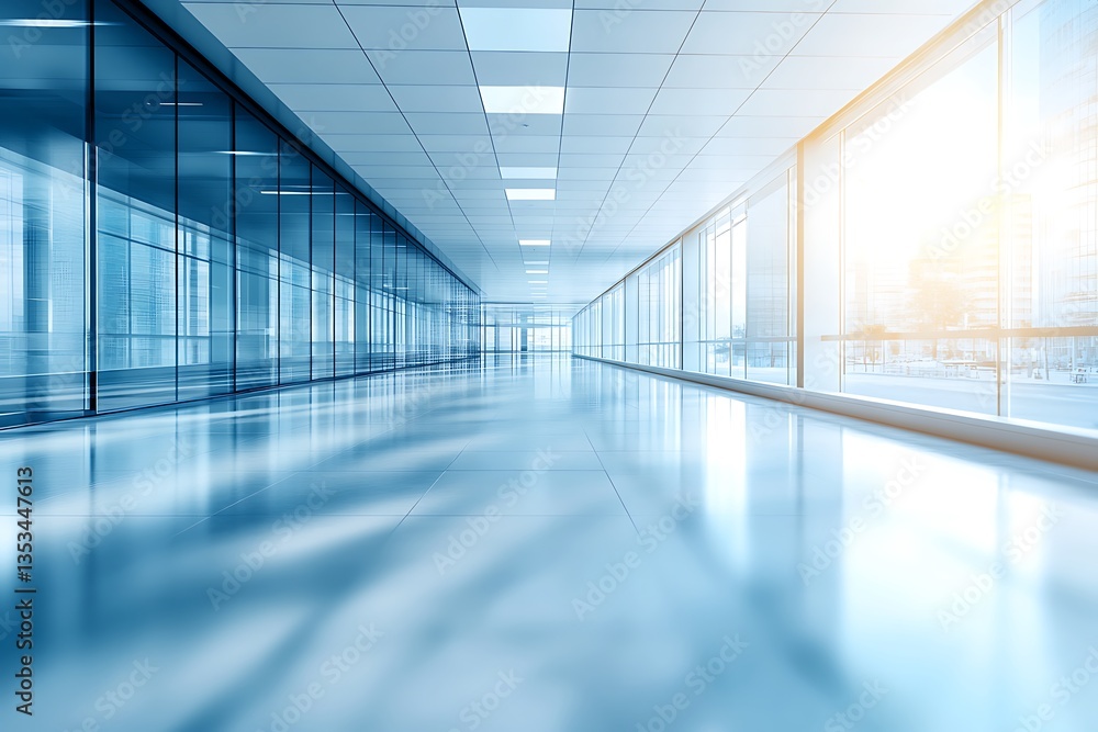 A long hallway with large windows and shiny floors is visible A long hallway with large windows and shiny floors is visible