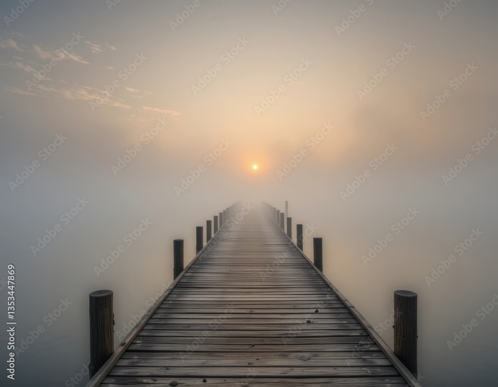 Fototapeta premium Serene sunrise over misty lake with wooden pier extending towards the sun Peaceful and tranquil morning scene