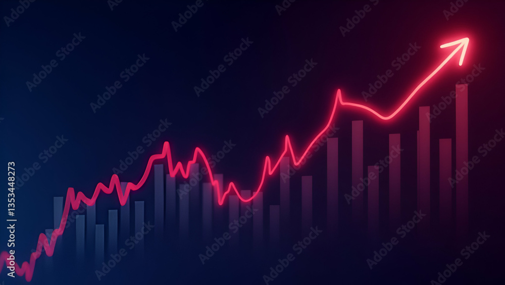 Neon Color Financial Graph with Uptrend Line & Candlestick Chart on Widescreen Background Neon Color Financial Graph with Uptrend Line & Candlestick Chart on Widescreen Background