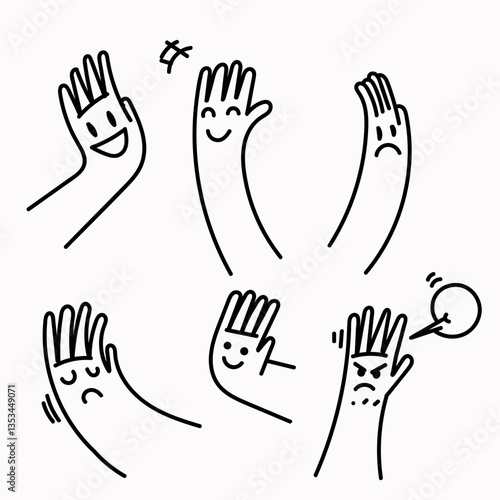 palm hand with human cartoon face illustration in doodle cartoon