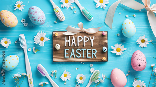Happy Easter and dentist concept. Wooden toothbrushes with Easter decorations on blue background