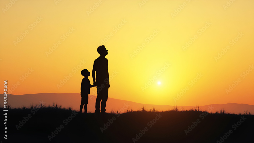 Inspirational Silhouette of Father and Son: A Heartwarming Vector Illustration Depicting Familial Bond and Hopeful Outlook for the Future in a Simple, Cute Business Style Inspirational Silhouette of Father and Son: A Heartwarming Vector Illustration Depicting Familial Bond and Hopeful Outlook for the Future in a Simple, Cute Business Style