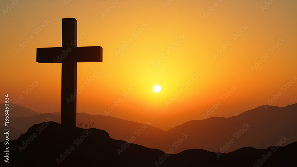 Flat Silhouette of Catholic Cross at Sunrise: A Serene Symbol of Faith and New Beginnings Flat Silhouette of Catholic Cross at Sunrise: A Serene Symbol of Faith and New Beginnings