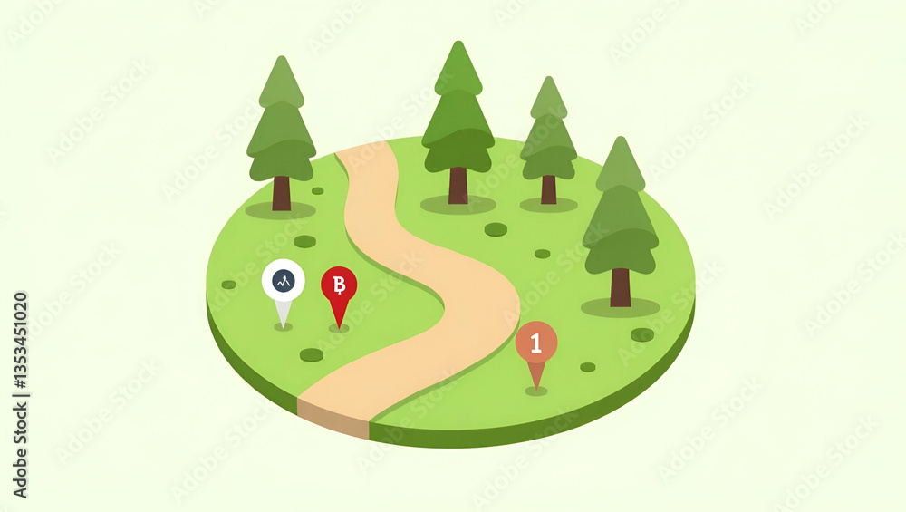 Fototapeta premium Minimalist Isometric Hiking Trail Icon with Markers and Trees for Outdoor Adventure Projects