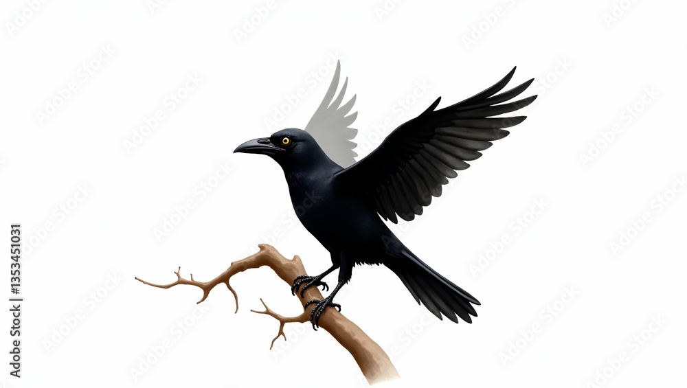 Fototapeta premium Spooky Black Raven Watercolor Illustration on White Background