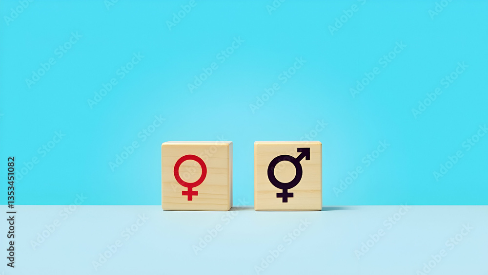 Promoting Gender Equality: A Simple Flat Vector Illustration of a Wooden Cube with Male Equals Female Symbol on a Blue Background for Smart Business Insights Promoting Gender Equality: A Simple Flat Vector Illustration of a Wooden Cube with Male Equals Female Symbol on a Blue Background for Smart Business Insights
