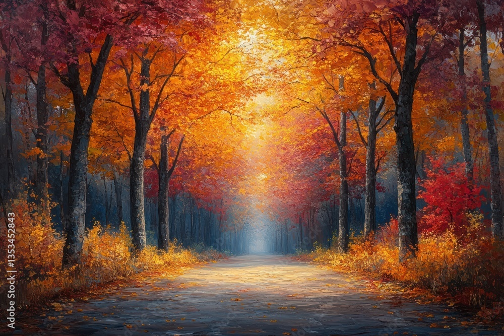 Fototapeta premium Autumn pathway in a vibrant park with colorful trees and benches for people walking in nature