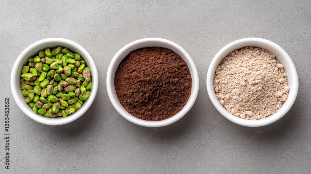 Pistachios, cocoa powder, and flour in white bowls create vibrant and earthy display Pistachios, cocoa powder, and flour in white bowls create vibrant and earthy display