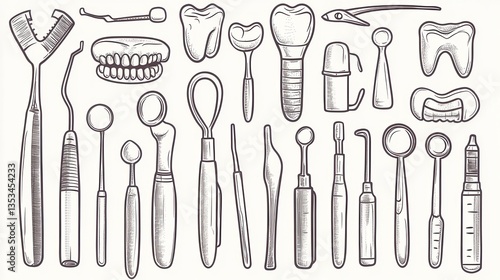 Collection of Vintage Dental Tools and Instruments Featuring Sketch Illustrations of Dental Care Equipment for Educational and Medical Purposes
