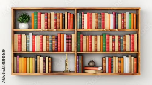 Wooden Bookshelf Filled with Colorful Books and Decor