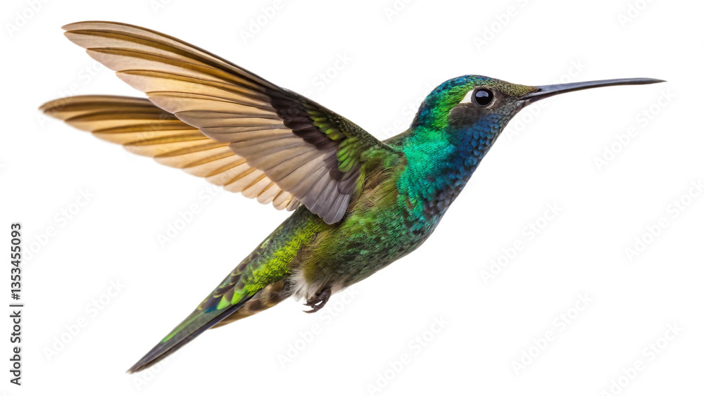 Obraz premium Single hummingbird captured mid-air, hovering gracefully in place with its iridescent feathers shimmering in bold, vibrant colors. Isolated on white background. PNG file