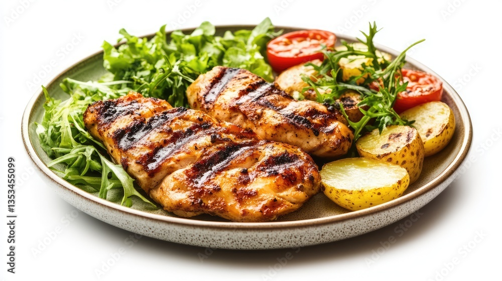Grilled chicken breast served on a plate with fresh greens, tomatoes, and roasted potatoes, ideal for healthy meals Grilled chicken breast served on a plate with fresh greens, tomatoes, and roasted potatoes, ideal for healthy meals