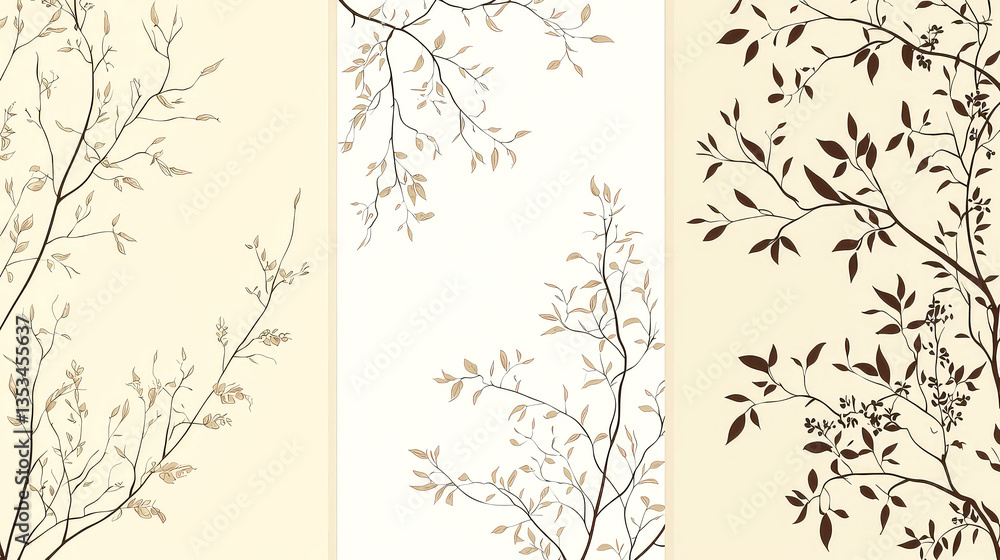 Fototapeta premium Elegant Beige and Brown Botanical Wallpaper: Minimalist Leaves and Branches Pattern