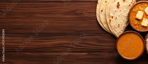 Delicious traditional Indian meal with bread, curry, and hearty dishes on wooden table.