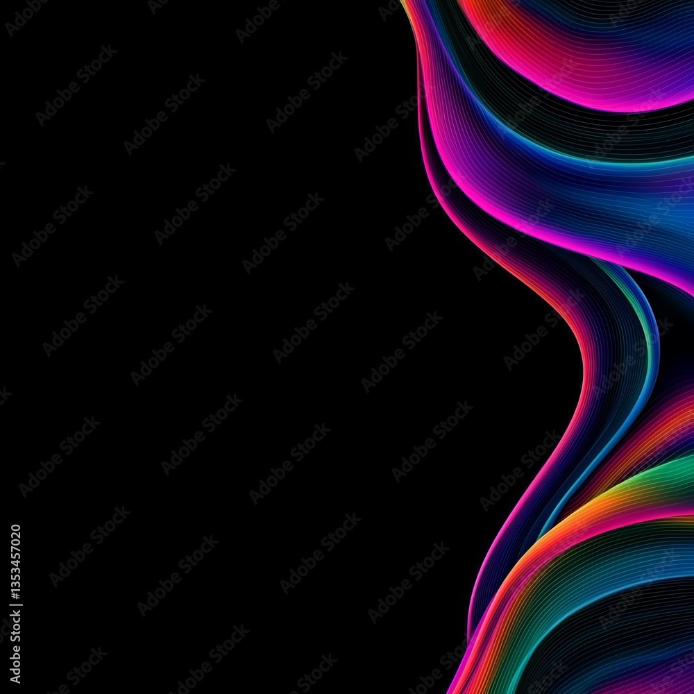 Obraz premium A vibrant, abstract design featuring colorful, wavy lines against a black background, creating a dynamic and energetic visual effect.