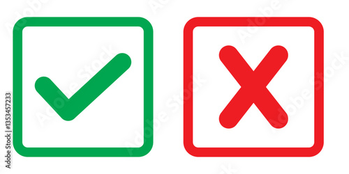 Green check mark, red cross mark icon set. Isolated tick symbols, checklist signs, approval badge. Flat and modern checkmark design, vector illustration