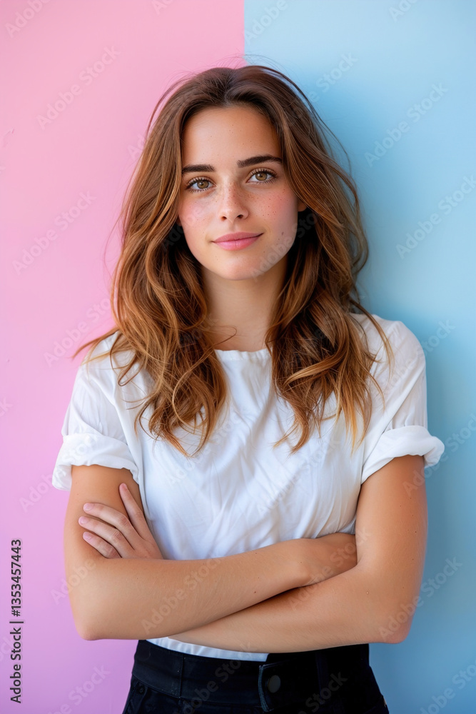 Stylish woman in sleek outfit poses confidently under vibrant pink and blue neon glow Stylish woman in sleek outfit poses confidently under vibrant pink and blue neon glow