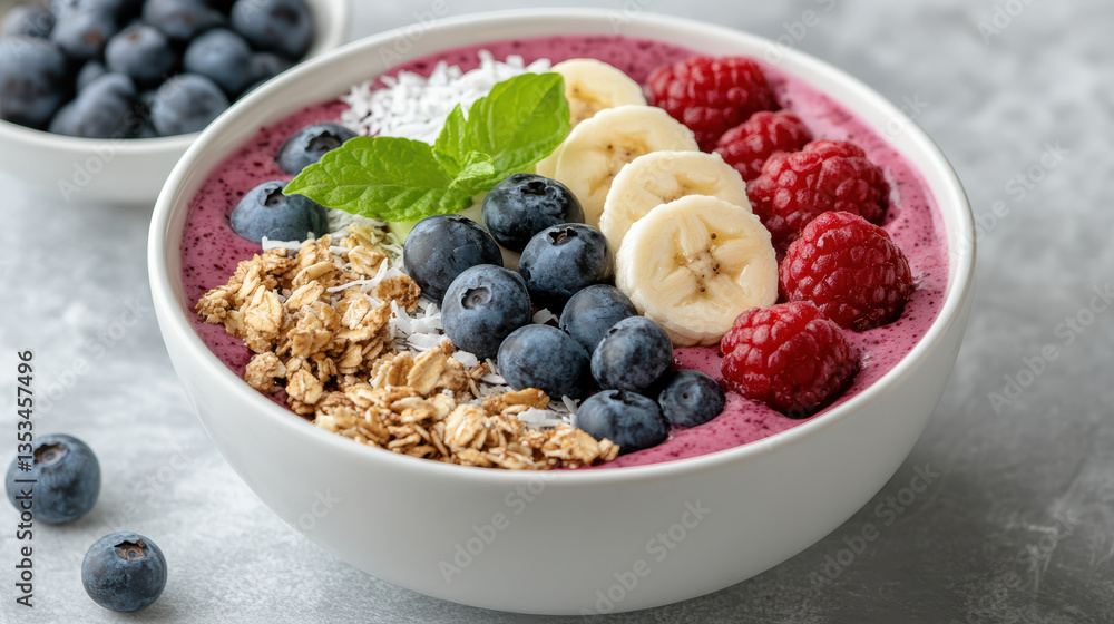 colorful smoothie bowl filled with acai, topped with granola, banana slices, blueberries colorful smoothie bowl filled with acai, topped with granola, banana slices, blueberries