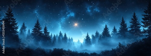 A Serene Night Sky with Radiant Star over Pine Forests and Manger of Jesus Christ