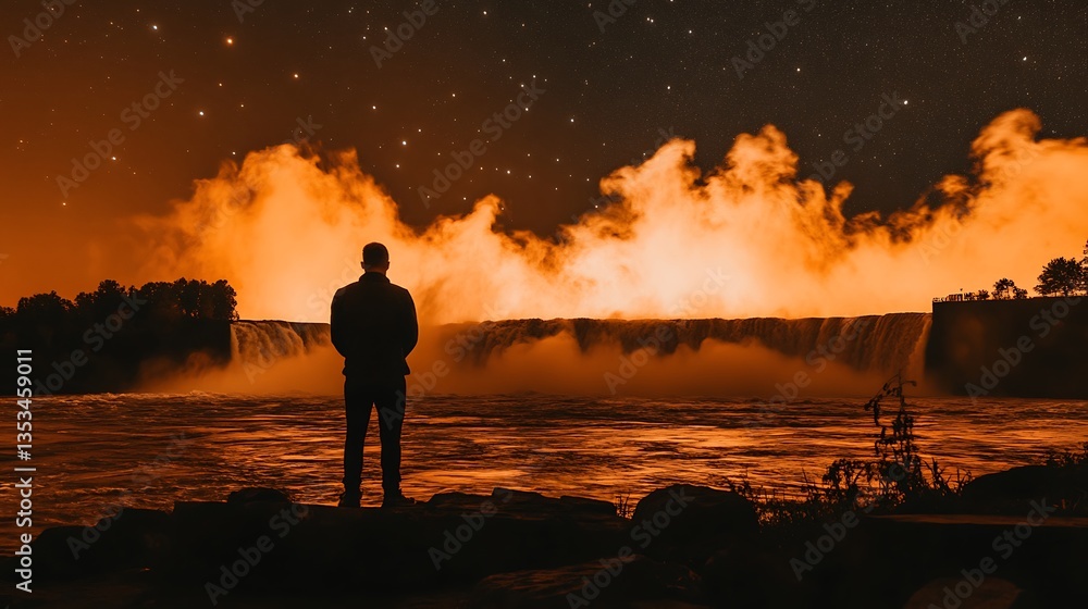 Fototapeta premium A silhouetted person stands before a dramatic waterfall at night