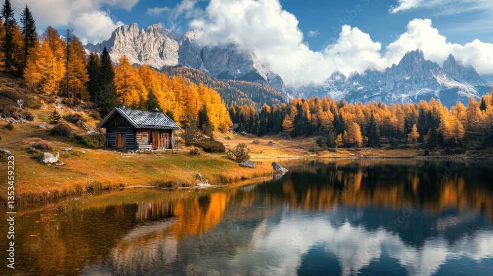 Fototapeta premium Idyllic mountain lake reflects rustic cabin and golden autumn foliage panorama
