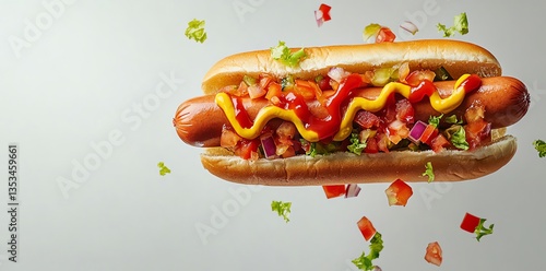 Delicious Hot Dog with Vibrant Toppings in Levitation photo