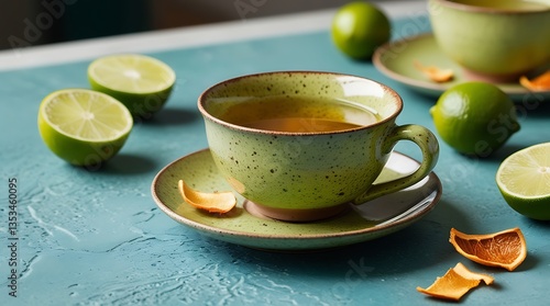 A warm cup of herbal tea in a rustic green ceramic cup with a saucer, surrounded by fresh limes and dried citrus peels on a textured turquoise background for a refreshing drink concept

