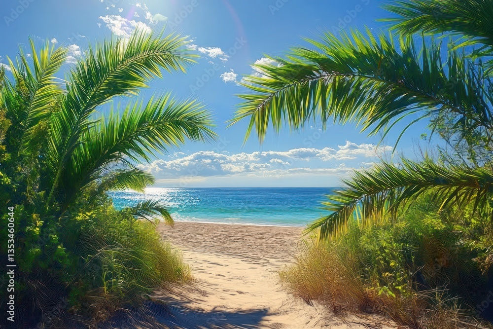 Fototapeta premium Closeup of Tropical Palm Leaf in Front of Serene Beach Under Bright Sunny Sky