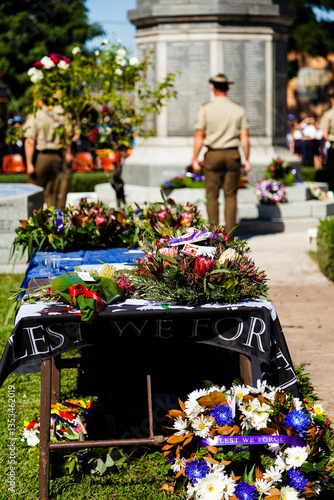 ANZAC day wreaths on table at memorial service