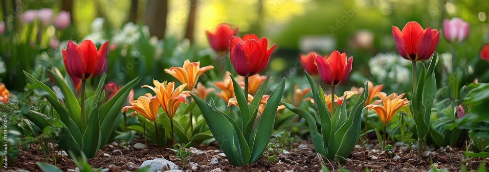 Obraz premium vibrant garden with red tulips orange lilies lush greenery in spring setting