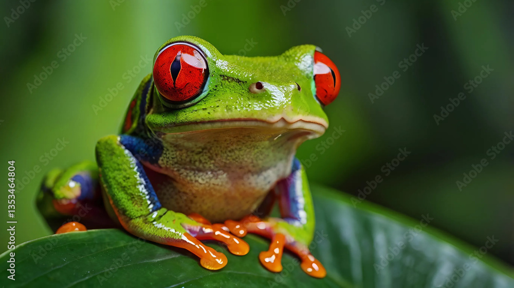 Fototapeta premium Vibrant Red-Eyed Tree Frog Close-up on a Lush Leaf