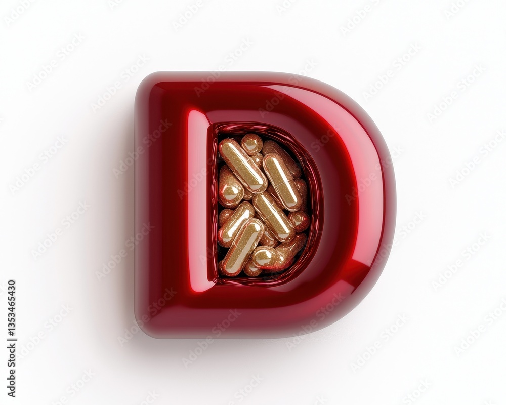 Fototapeta premium Stylish 3D representation of the letter D, filled with gold capsules, creating a modern look.