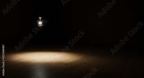 A Dimly Lit Room Featuring a Hanging Light Bulb Casting Shadows in a Dark Space